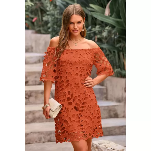 imagePRETTYGARDEN Womens Summer Off Shoulder Vintage Floral Lace Flare Short Sleeve Loose Elegant Mini DressBrick Red