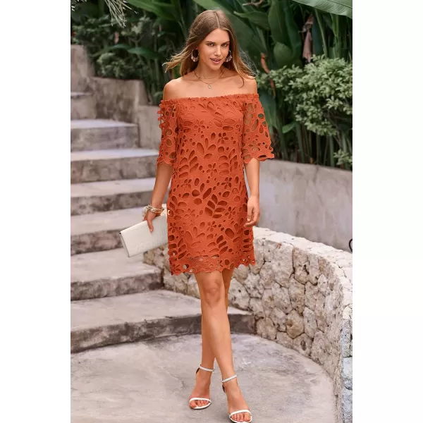 imagePRETTYGARDEN Womens Summer Off Shoulder Vintage Floral Lace Flare Short Sleeve Loose Elegant Mini DressBrick Red