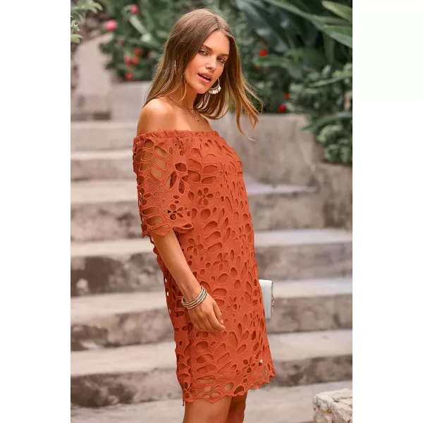 imagePRETTYGARDEN Womens Summer Off Shoulder Vintage Floral Lace Flare Short Sleeve Loose Elegant Mini DressBrick Red