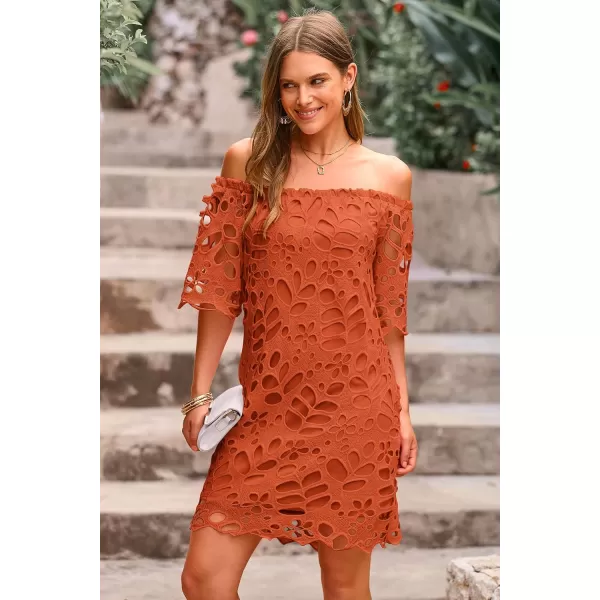 imagePRETTYGARDEN Womens Summer Off Shoulder Vintage Floral Lace Flare Short Sleeve Loose Elegant Mini DressBrick Red