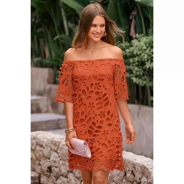 imagePRETTYGARDEN Womens Summer Off Shoulder Vintage Floral Lace Flare Short Sleeve Loose Elegant Mini DressBrick Red