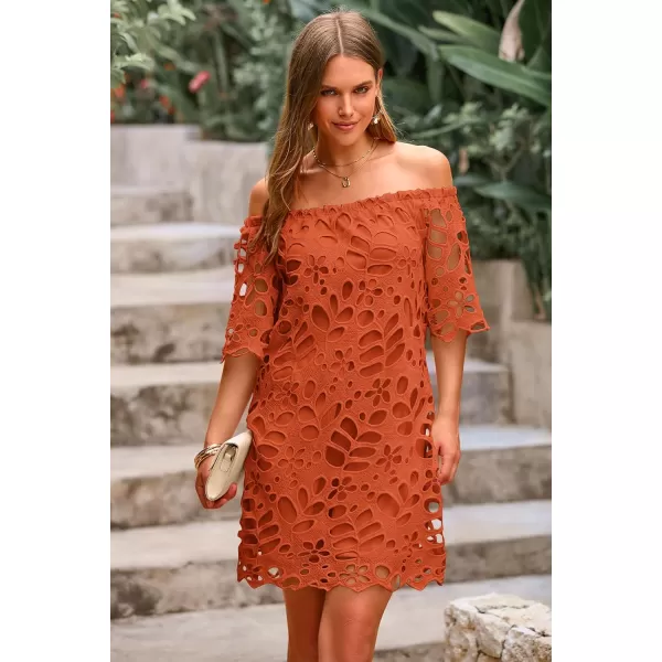 imagePRETTYGARDEN Womens Summer Off Shoulder Vintage Floral Lace Flare Short Sleeve Loose Elegant Mini DressBrick Red