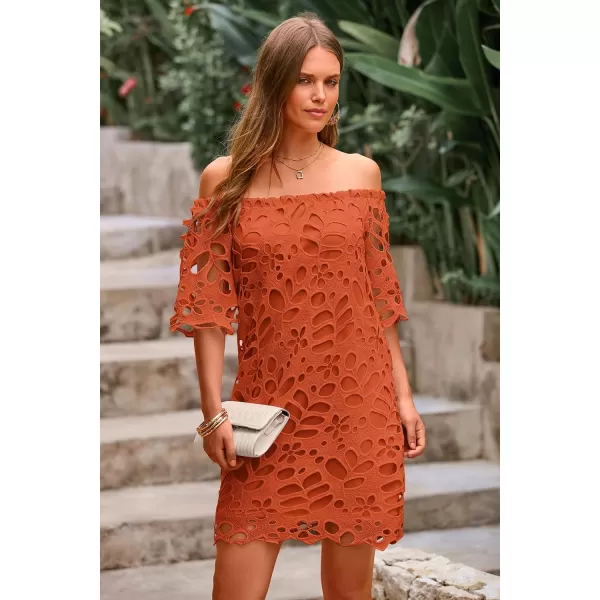 imagePRETTYGARDEN Womens Summer Off Shoulder Vintage Floral Lace Flare Short Sleeve Loose Elegant Mini DressBrick Red