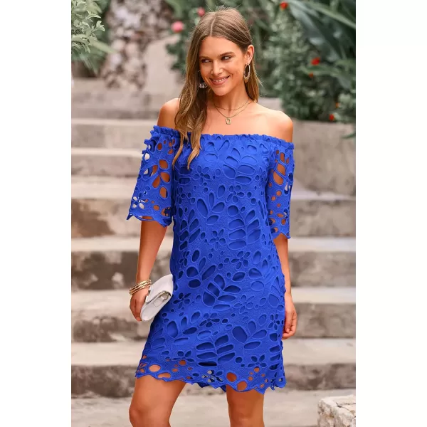 imagePRETTYGARDEN Womens Summer Off Shoulder Vintage Floral Lace Flare Short Sleeve Loose Elegant Mini DressDark Blue