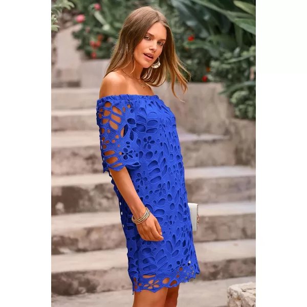 imagePRETTYGARDEN Womens Summer Off Shoulder Vintage Floral Lace Flare Short Sleeve Loose Elegant Mini DressDark Blue