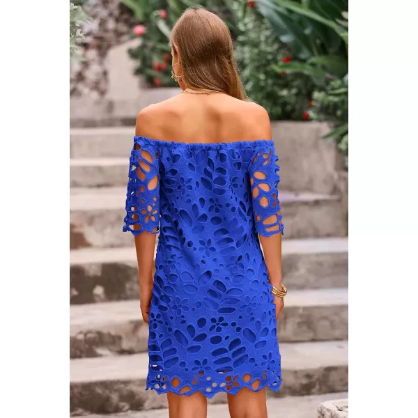 imagePRETTYGARDEN Womens Summer Off Shoulder Vintage Floral Lace Flare Short Sleeve Loose Elegant Mini DressDark Blue