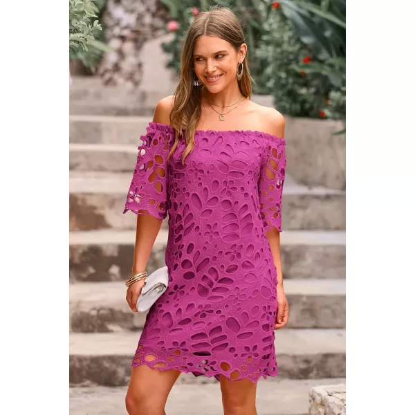 imagePRETTYGARDEN Womens Summer Off Shoulder Vintage Floral Lace Flare Short Sleeve Loose Elegant Mini DressDark Rose Red