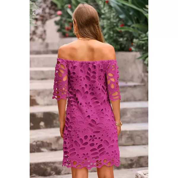 imagePRETTYGARDEN Womens Summer Off Shoulder Vintage Floral Lace Flare Short Sleeve Loose Elegant Mini DressDark Rose Red