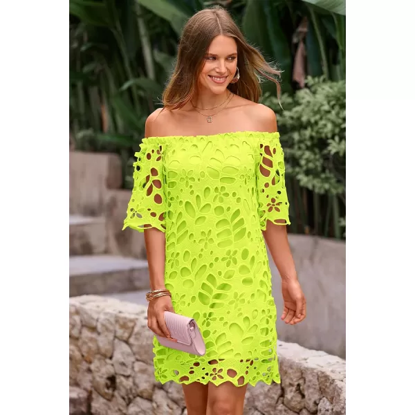 imagePRETTYGARDEN Womens Summer Off Shoulder Vintage Floral Lace Flare Short Sleeve Loose Elegant Mini DressFluorescent Green