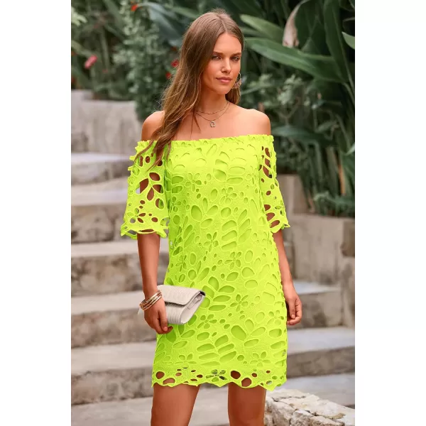 imagePRETTYGARDEN Womens Summer Off Shoulder Vintage Floral Lace Flare Short Sleeve Loose Elegant Mini DressFluorescent Green