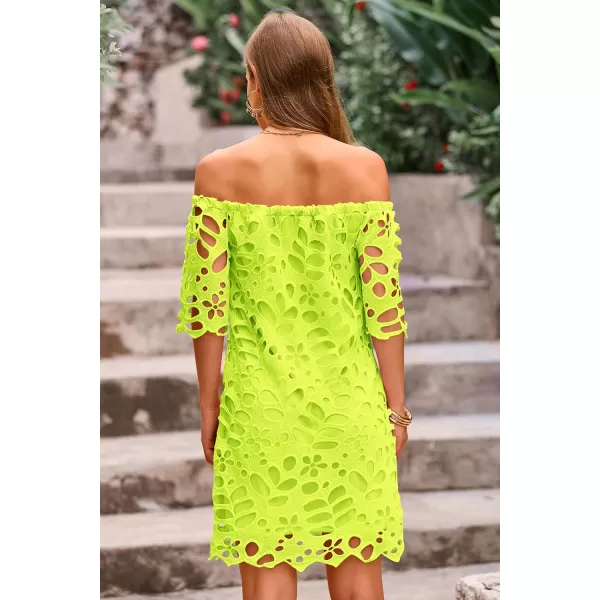imagePRETTYGARDEN Womens Summer Off Shoulder Vintage Floral Lace Flare Short Sleeve Loose Elegant Mini DressFluorescent Green