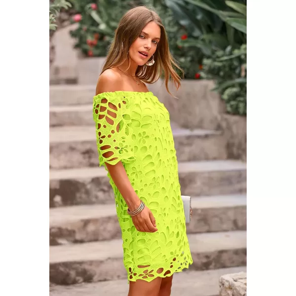 imagePRETTYGARDEN Womens Summer Off Shoulder Vintage Floral Lace Flare Short Sleeve Loose Elegant Mini DressFluorescent Green