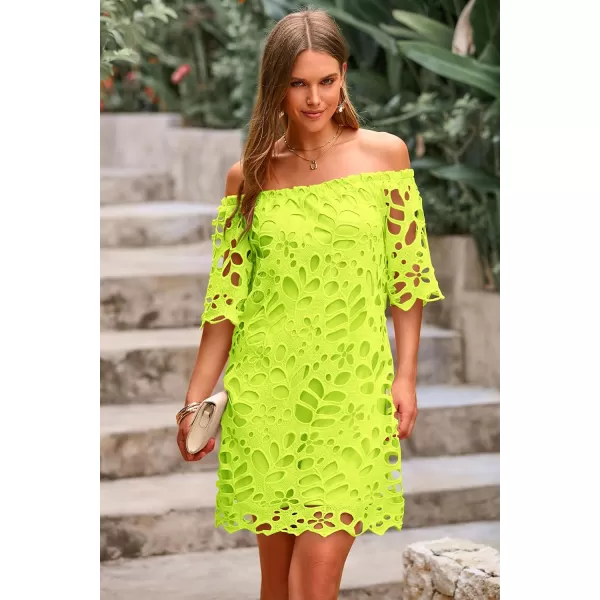 imagePRETTYGARDEN Womens Summer Off Shoulder Vintage Floral Lace Flare Short Sleeve Loose Elegant Mini DressFluorescent Green