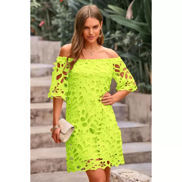 imagePRETTYGARDEN Womens Summer Off Shoulder Vintage Floral Lace Flare Short Sleeve Loose Elegant Mini DressFluorescent Green
