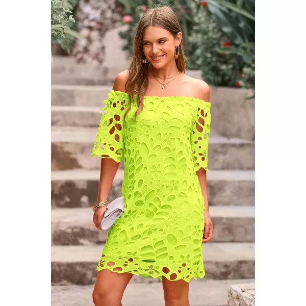 imagePRETTYGARDEN Womens Summer Off Shoulder Vintage Floral Lace Flare Short Sleeve Loose Elegant Mini DressFluorescent Green