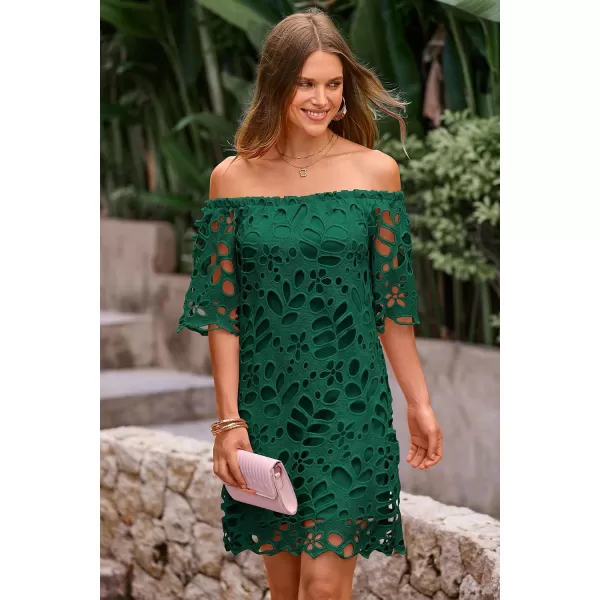 imagePRETTYGARDEN Womens Summer Off Shoulder Vintage Floral Lace Flare Short Sleeve Loose Elegant Mini DressGreen