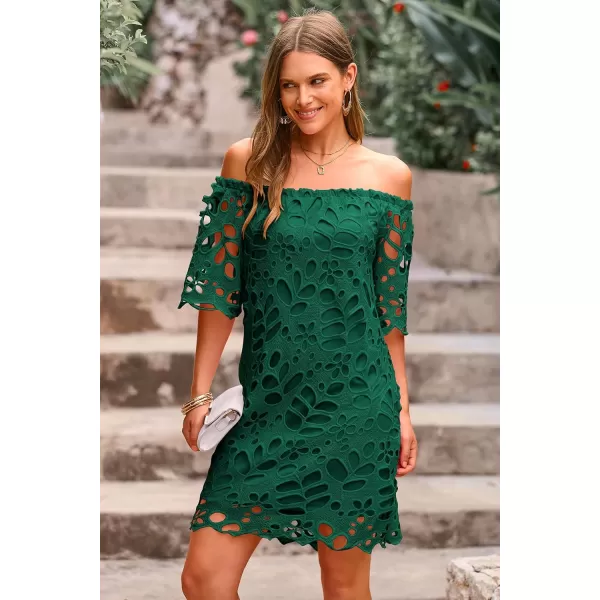 imagePRETTYGARDEN Womens Summer Off Shoulder Vintage Floral Lace Flare Short Sleeve Loose Elegant Mini DressGreen