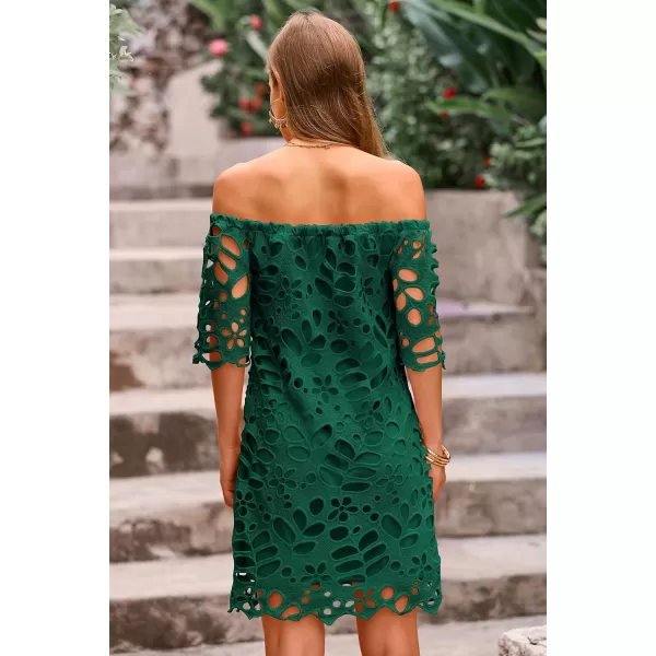 imagePRETTYGARDEN Womens Summer Off Shoulder Vintage Floral Lace Flare Short Sleeve Loose Elegant Mini DressGreen