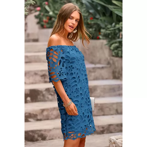 imagePRETTYGARDEN Womens Summer Off Shoulder Vintage Floral Lace Flare Short Sleeve Loose Elegant Mini DressLake Blue