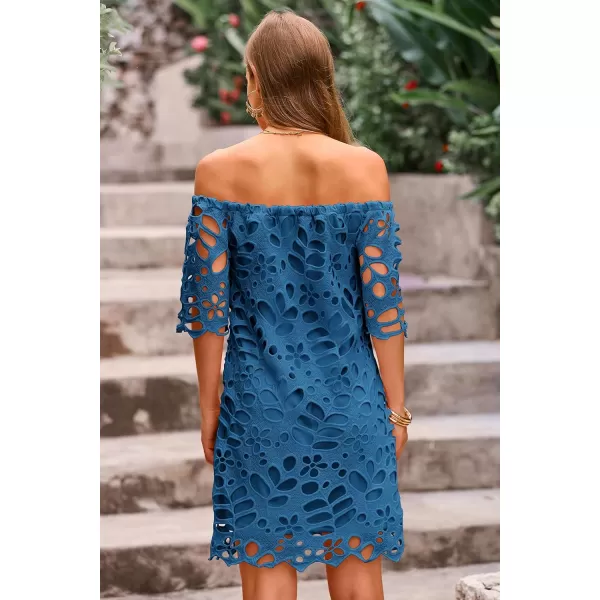 imagePRETTYGARDEN Womens Summer Off Shoulder Vintage Floral Lace Flare Short Sleeve Loose Elegant Mini DressLake Blue