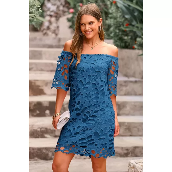 imagePRETTYGARDEN Womens Summer Off Shoulder Vintage Floral Lace Flare Short Sleeve Loose Elegant Mini DressLake Blue