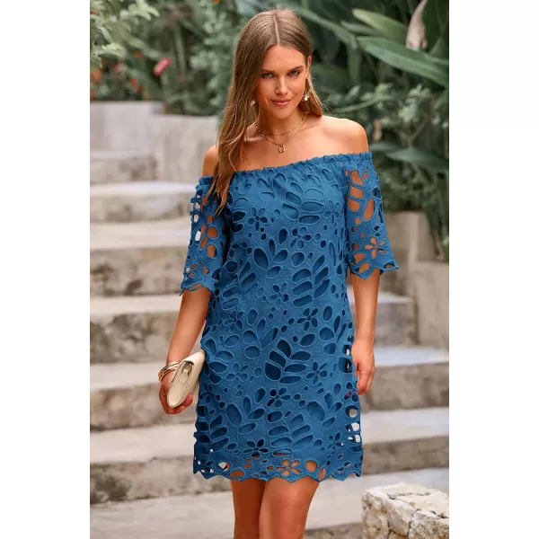 imagePRETTYGARDEN Womens Summer Off Shoulder Vintage Floral Lace Flare Short Sleeve Loose Elegant Mini DressLake Blue