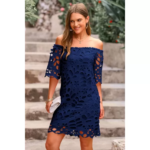 imagePRETTYGARDEN Womens Summer Off Shoulder Vintage Floral Lace Flare Short Sleeve Loose Elegant Mini DressNavy