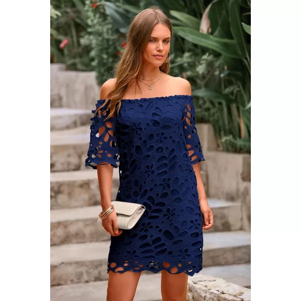 imagePRETTYGARDEN Womens Summer Off Shoulder Vintage Floral Lace Flare Short Sleeve Loose Elegant Mini DressNavy