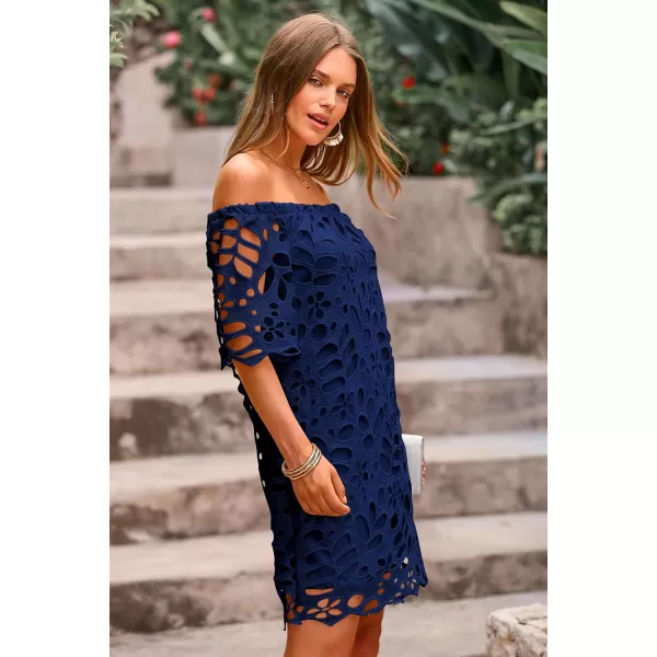 imagePRETTYGARDEN Womens Summer Off Shoulder Vintage Floral Lace Flare Short Sleeve Loose Elegant Mini DressNavy