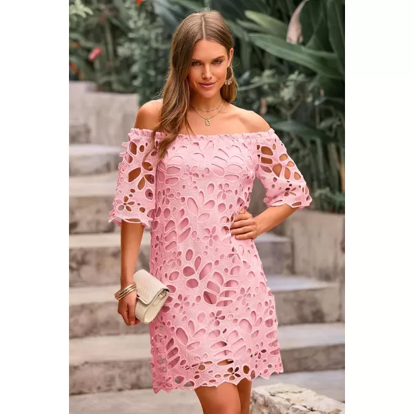 imagePRETTYGARDEN Womens Summer Off Shoulder Vintage Floral Lace Flare Short Sleeve Loose Elegant Mini DressPink