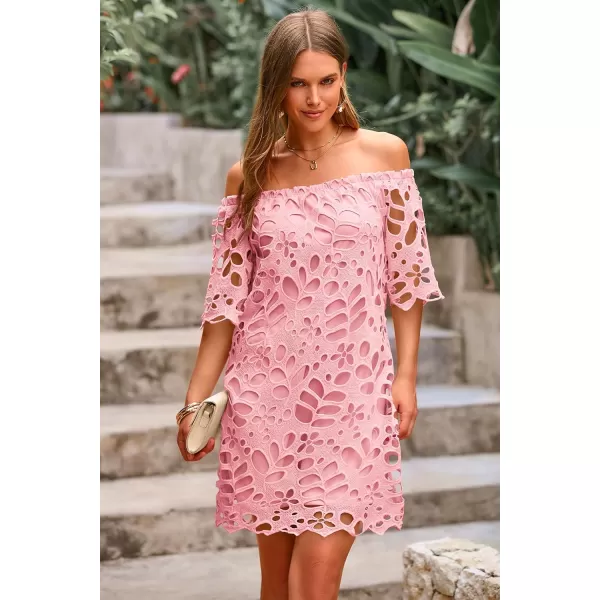 imagePRETTYGARDEN Womens Summer Off Shoulder Vintage Floral Lace Flare Short Sleeve Loose Elegant Mini DressPink