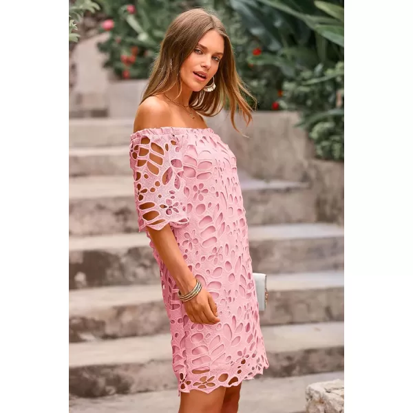 imagePRETTYGARDEN Womens Summer Off Shoulder Vintage Floral Lace Flare Short Sleeve Loose Elegant Mini DressPink
