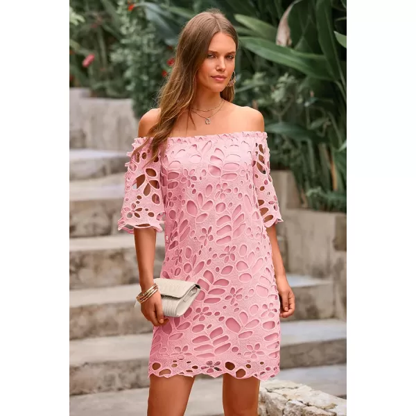 imagePRETTYGARDEN Womens Summer Off Shoulder Vintage Floral Lace Flare Short Sleeve Loose Elegant Mini DressPink