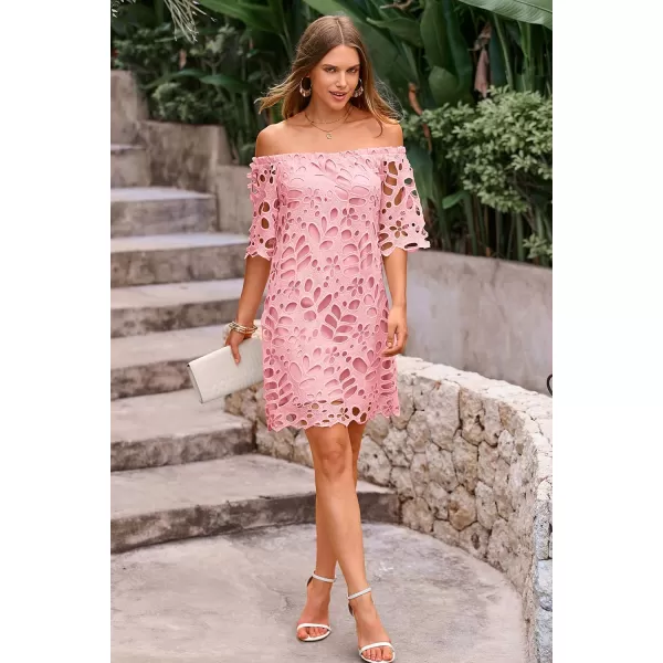 imagePRETTYGARDEN Womens Summer Off Shoulder Vintage Floral Lace Flare Short Sleeve Loose Elegant Mini DressPink