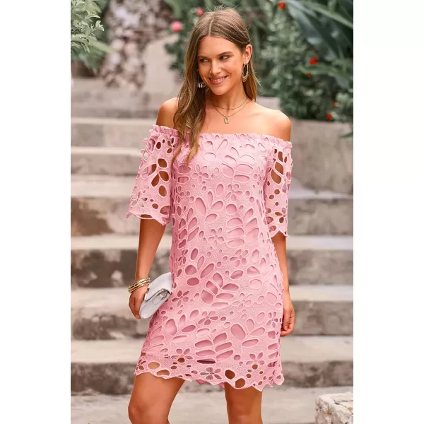 imagePRETTYGARDEN Womens Summer Off Shoulder Vintage Floral Lace Flare Short Sleeve Loose Elegant Mini DressPink