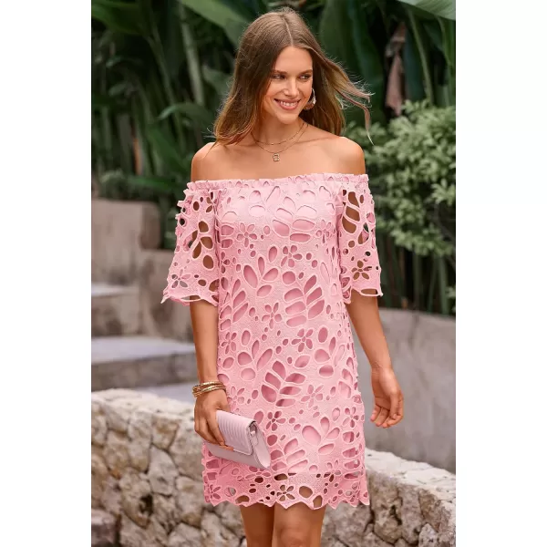 imagePRETTYGARDEN Womens Summer Off Shoulder Vintage Floral Lace Flare Short Sleeve Loose Elegant Mini DressPink