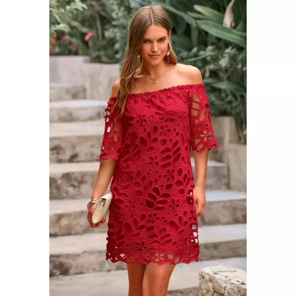 imagePRETTYGARDEN Womens Summer Off Shoulder Vintage Floral Lace Flare Short Sleeve Loose Elegant Mini DressRed