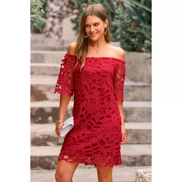 imagePRETTYGARDEN Womens Summer Off Shoulder Vintage Floral Lace Flare Short Sleeve Loose Elegant Mini DressRed