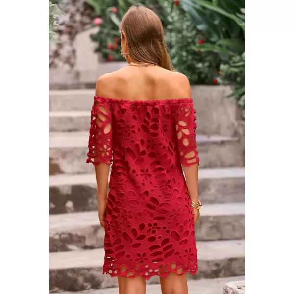 imagePRETTYGARDEN Womens Summer Off Shoulder Vintage Floral Lace Flare Short Sleeve Loose Elegant Mini DressRed