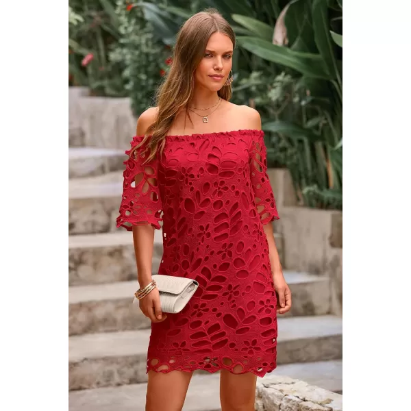 imagePRETTYGARDEN Womens Summer Off Shoulder Vintage Floral Lace Flare Short Sleeve Loose Elegant Mini DressRed