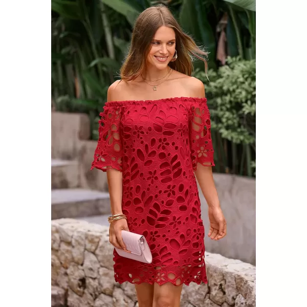 imagePRETTYGARDEN Womens Summer Off Shoulder Vintage Floral Lace Flare Short Sleeve Loose Elegant Mini DressRed