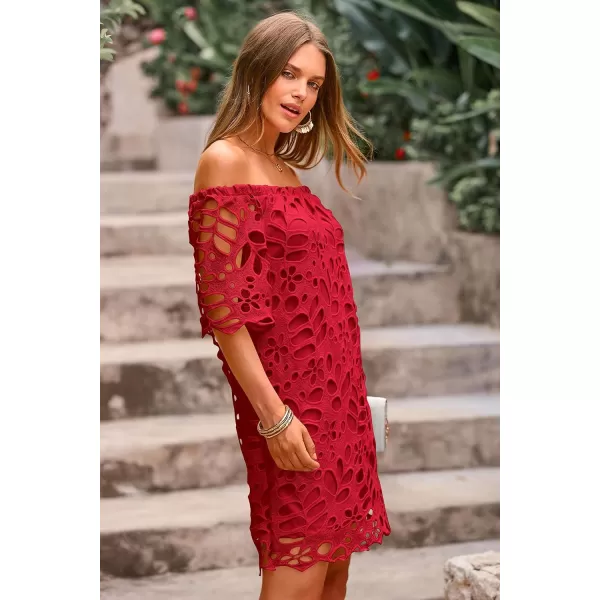 imagePRETTYGARDEN Womens Summer Off Shoulder Vintage Floral Lace Flare Short Sleeve Loose Elegant Mini DressRed