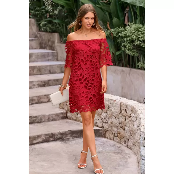 imagePRETTYGARDEN Womens Summer Off Shoulder Vintage Floral Lace Flare Short Sleeve Loose Elegant Mini DressRed