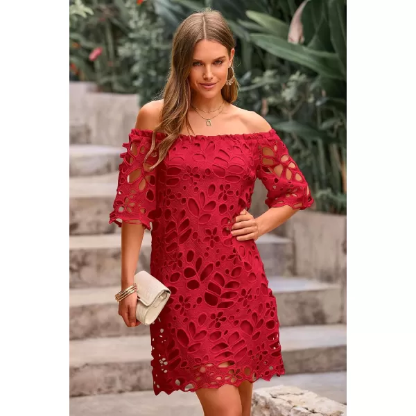 imagePRETTYGARDEN Womens Summer Off Shoulder Vintage Floral Lace Flare Short Sleeve Loose Elegant Mini DressRed