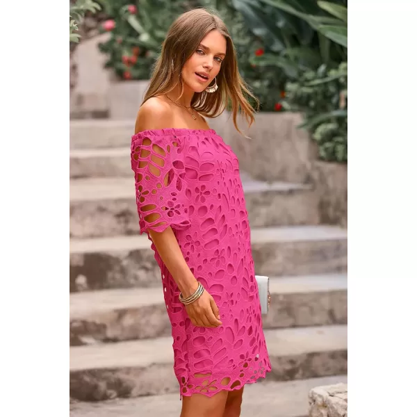 imagePRETTYGARDEN Womens Summer Off Shoulder Vintage Floral Lace Flare Short Sleeve Loose Elegant Mini DressRose Red