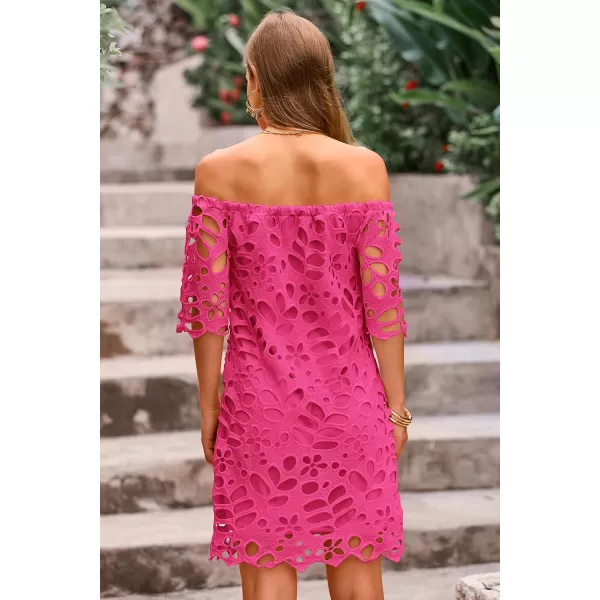 imagePRETTYGARDEN Womens Summer Off Shoulder Vintage Floral Lace Flare Short Sleeve Loose Elegant Mini DressRose Red