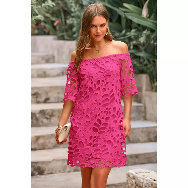 imagePRETTYGARDEN Womens Summer Off Shoulder Vintage Floral Lace Flare Short Sleeve Loose Elegant Mini DressRose Red