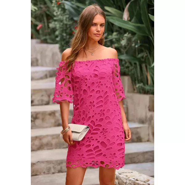 imagePRETTYGARDEN Womens Summer Off Shoulder Vintage Floral Lace Flare Short Sleeve Loose Elegant Mini DressRose Red