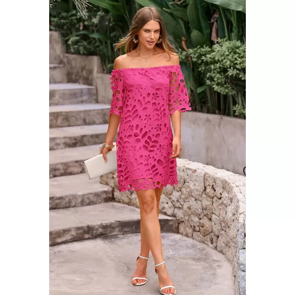 imagePRETTYGARDEN Womens Summer Off Shoulder Vintage Floral Lace Flare Short Sleeve Loose Elegant Mini DressRose Red
