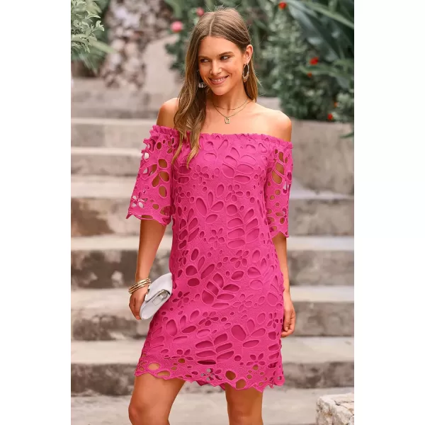 imagePRETTYGARDEN Womens Summer Off Shoulder Vintage Floral Lace Flare Short Sleeve Loose Elegant Mini DressRose Red